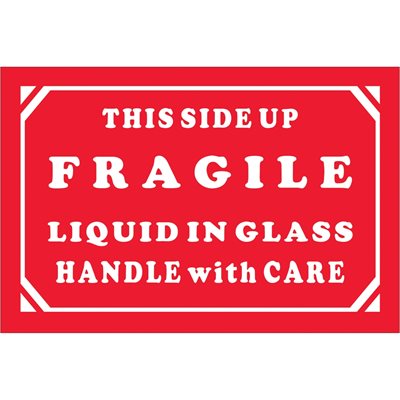 2 x 3" - "Fragile - Liquid In Glass - Handle With Care" Labels