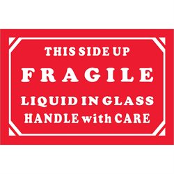 2 x 3" - "Fragile - Liquid In Glass - Handle With Care" Labels