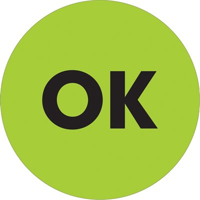 1" Circle - "OK" Fluorescent Green Labels