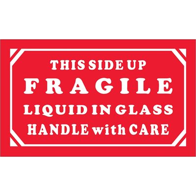 3 x 5" - "Fragile - Liquid in Glass - HWC" Labels