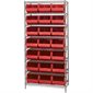 36 x 18 x 74" - 8 Shelf Wire Shelving Unit with (21) Red Bins