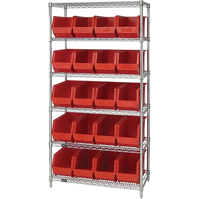 36 x 18 x 74" - 6 Shelf Wire Shelving Unit with (20) Red Bins